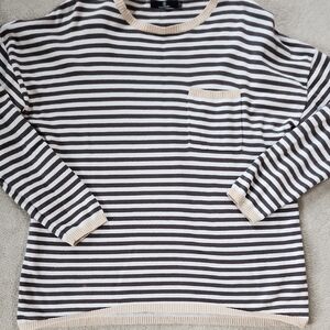 Lighter Weight 100% Cotton Sweater Dark Gray and White Stripe Tan border - Large